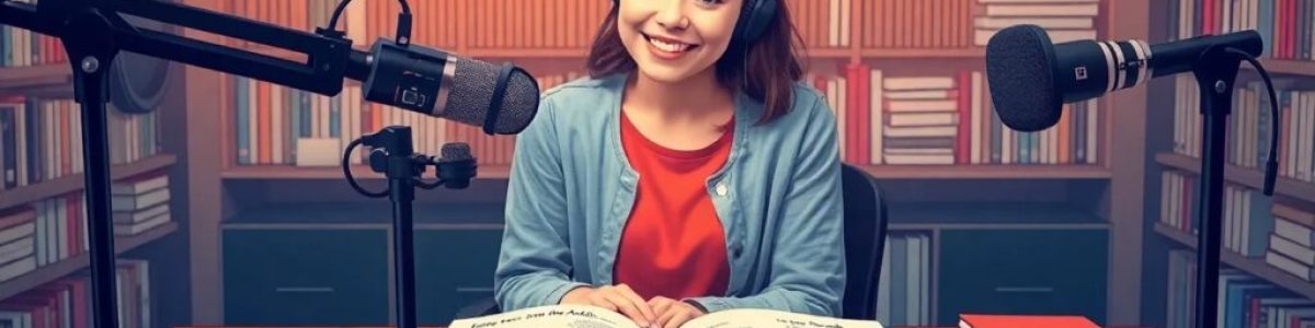 Mujer grabando podcast en biblioteca con micrófonos.