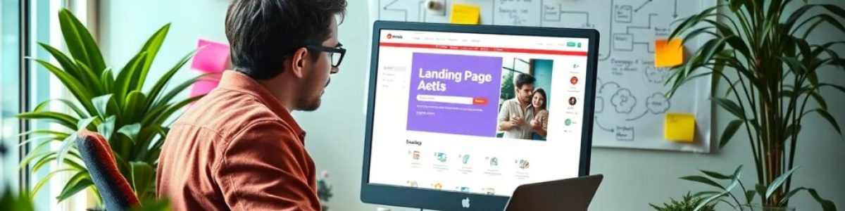 Hombre trabajando en diseño web en oficina moderna.