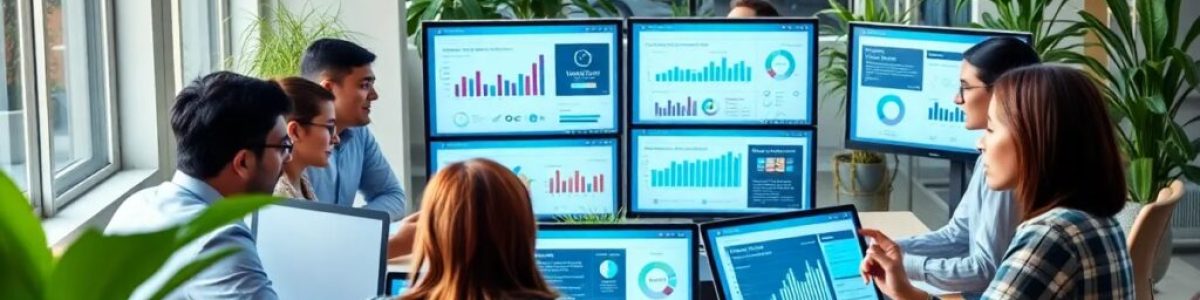 Reunión de trabajo con pantallas de datos y gráficas.