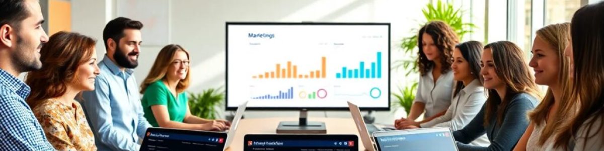 Reunión de equipo con gráficos en portátiles.