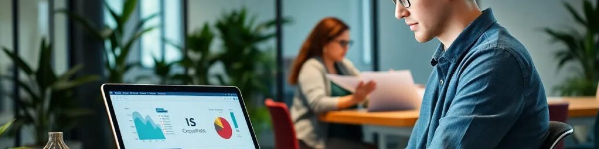 Hombre trabajando en computadora portátil con gráficos.