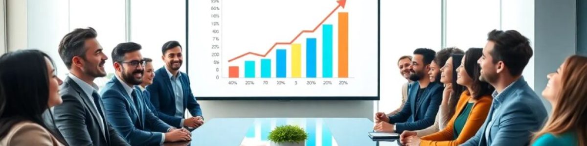 Reunión empresarial con gráfica de crecimiento en pantalla.