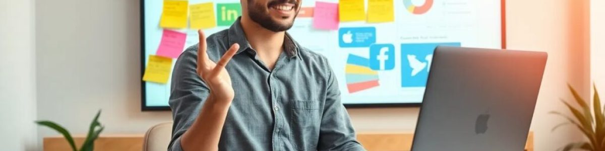 Persona sonriente en videollamada con portátil y gráfico