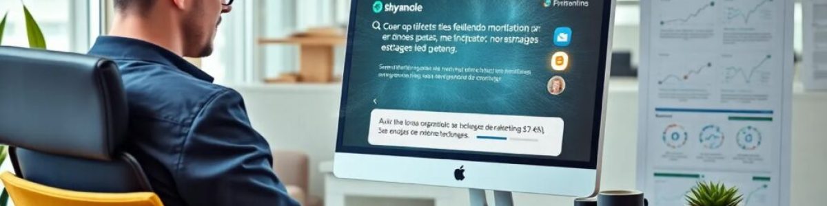 Hombre trabajando en oficina con ordenador y gráficos.