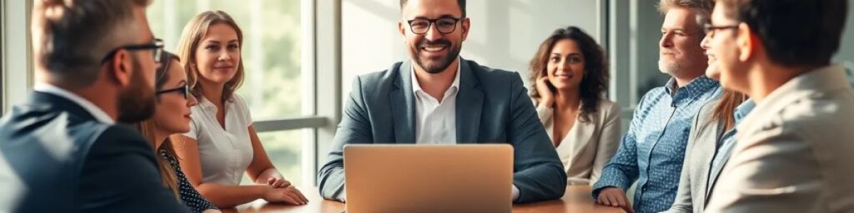 Reunión de equipo en oficina luminosa.