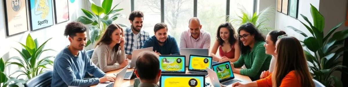 Reunión de trabajo en equipo con laptops y plantas