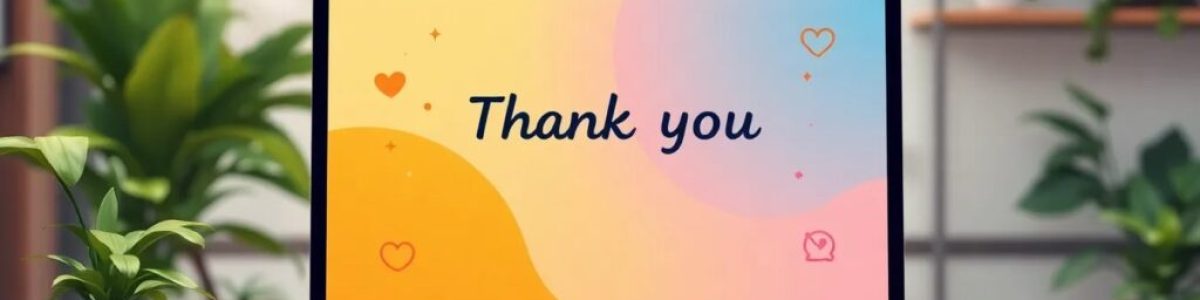 Pantalla con mensaje 'Thank you', plantas alrededor.