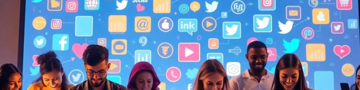 Personas usando dispositivos frente a símbolos de redes sociales.