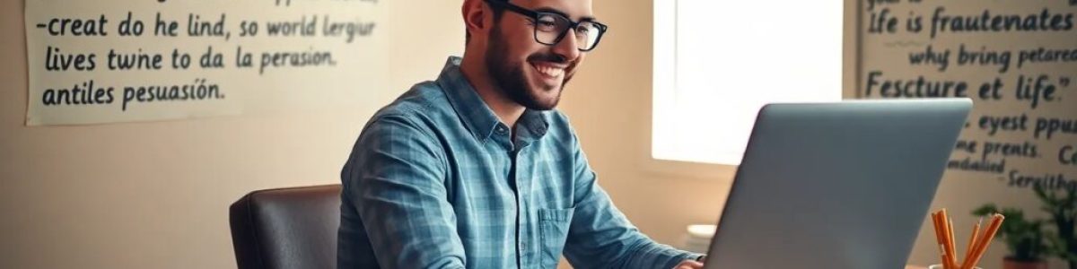 Hombre trabajando feliz en oficina con computadora portátil.