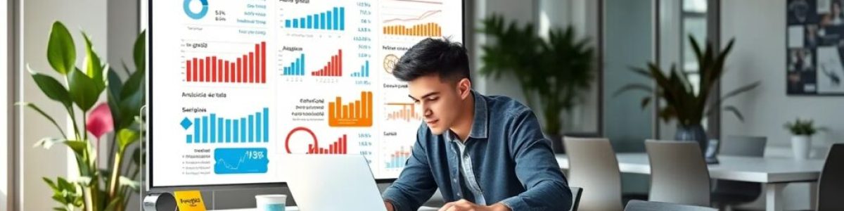 Hombre trabajando en presentación sobre redes sociales.