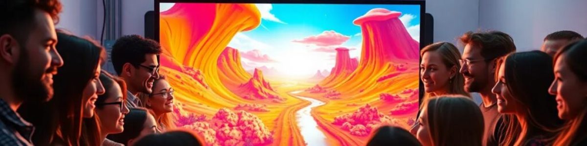 Personas observan paisaje colorido en pantalla grande.