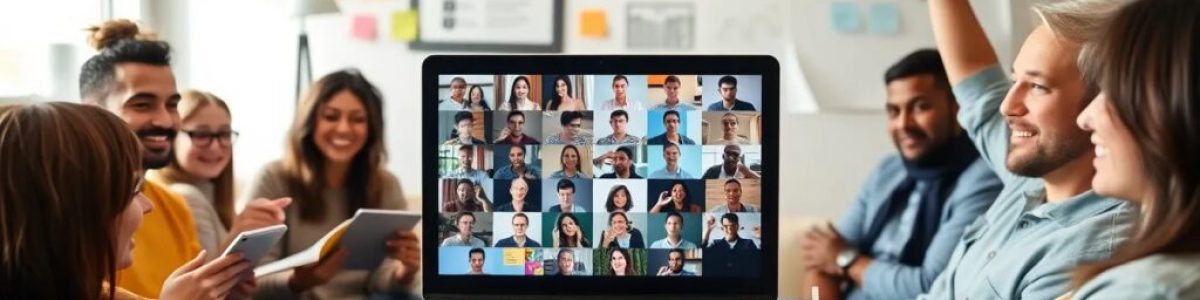 Reunión de equipo combinada con videollamada en laptop.
