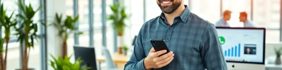 Persona usando WhatsApp Business en oficina moderna.